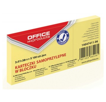 Bloczek samoprzylepny 38 x 51mm OFFICE PRODUCTS 100 karteczek kol. żółty 3 szt. [14047411-06]