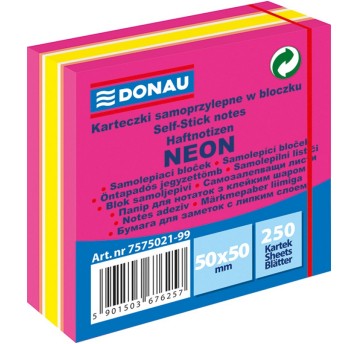 Bloczek samoprzylepny 50 x 50mm DONAU 250 karteczek wielokolorowy neonowy odcienie różowego [7575021-99]