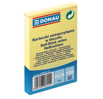 Bloczek samoprzylepny 51 x 76mm DONAU 100 karteczek kol. żółty [7584001-11]