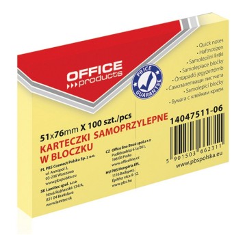 Bloczek samoprzylepny 51 x 76mm OFFICE PRODUCTS 100 karteczek kol. jasnożółty [14047511-06]