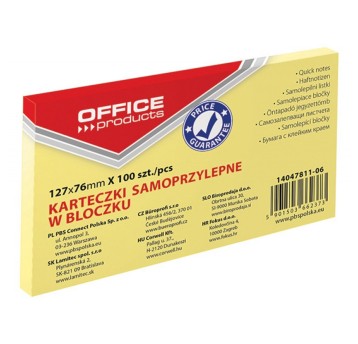Bloczek samoprzylepny 76 x 127mm OFFICE PRODUCTS 100 karteczek kol. jasnożółty [14047811-06]