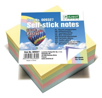 Bloczek samoprzylepny 76 x 76mm D.RECT 400 karteczek wielokolorowy pastelowy [9327]