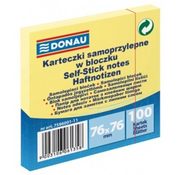 Bloczek samoprzylepny 76 x 76mm DONAU 100 karteczek kol. żółty [7586001-11]
