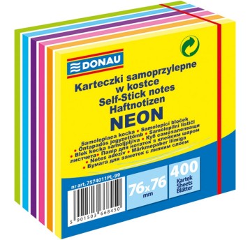 Bloczek samoprzylepny 76 x 76mm DONAU 400 karteczek wielokolorowy neonowy 6 kolorów [7574011PL-99]