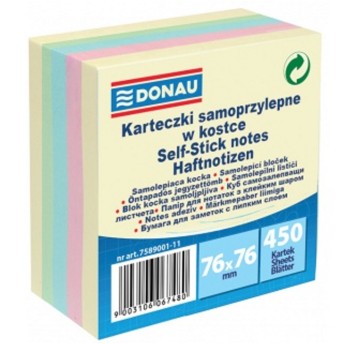 Bloczek samoprzylepny 76 x 76mm DONAU 450 karteczek wielokolorowy pastelowy 4 kolory [7589001-11]
