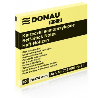 Bloczek samoprzylepny 76 x 76mm DONAU Eco 100 karteczek kol. żółty [7593001PL-11]