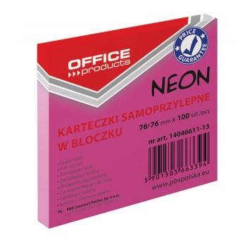 Bloczek samoprzylepny 76 x 76mm OFFICE PRODUCTS 100 karteczek kol. różowy neonowy [14046611-13]