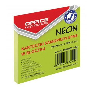 Bloczek samoprzylepny 76 x 76mm OFFICE PRODUCTS 100 karteczek kol. zielony neonowy [14046611-02]