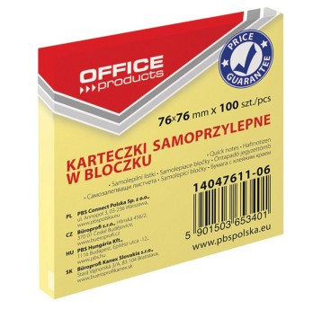 Bloczek samoprzylepny 76 x 76mm OFFICE PRODUCTS 100 karteczek kol. żółty [14047611-06]