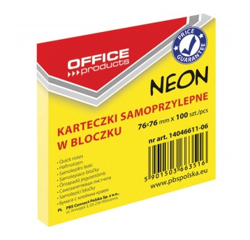 Bloczek samoprzylepny 76 x 76mm OFFICE PRODUCTS 100 karteczek kol. żółty neonowy [14046611-06]