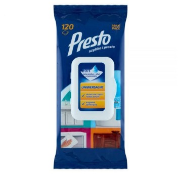 Chusteczki nawilżane uniwersalne folia PRESTO kol. biały 120 szt.