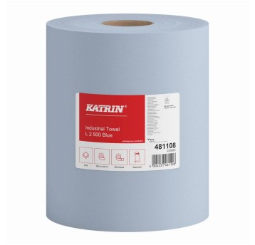 Czyściwo papierowe w roli KATRIN Industrial Towel L 2 500 Blue włókna mieszane 2 warstwy | Ø200mm szer. 220mm dł. 360m 500 listków | kol. niebieski 2 rolki laminowany [481108]