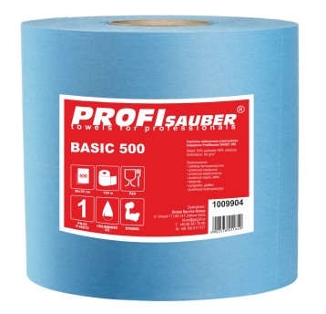 Czyściwo włókninowe w roli PROFI SAUBER Basic 500 1 warstwa | szer. 200mm dł. 150m 500 listków | kol. niebieski 1 rolka wykonane z niemieckiej włókniny [1009904]
