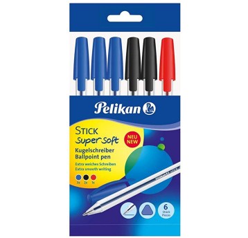 Długopis olejowy zwykły PELIKAN Stick Super Soft K86 kol. obudowy przezroczysty 3+2+1 kpl. 3 kol. / 6 szt. ; etui [804561]