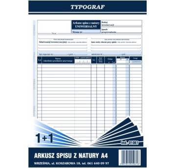 Druk - Arkusz spisu z natury (uniwersalny) samokopiujący A4 O+1K TYPOGRAF pionowy jednostronny [01061]