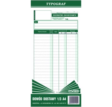 Druk - Dowód dostawy samokopiujący 1/3A4 wielokopia TYPOGRAF pionowy jednostronny [01151]