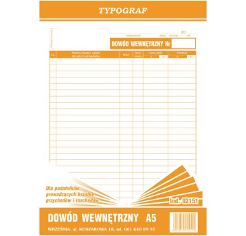 Druk - Dowód wewnętrzny dla podatników prowadzących podatkową księgę przychodów i rozchodów offset A5 TYPOGRAF pionowy jednostronny [02151]
