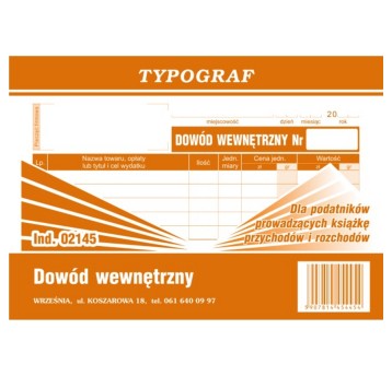 Druk - Dowód wewnętrzny dla podatników prowadzących podatkową księgę przychodów i rozchodów offset A6 TYPOGRAF poziomy jednostronny [02145]