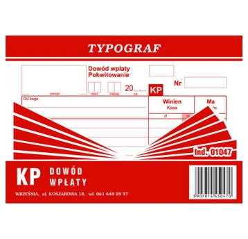 Druk - Dowód wpłaty KP samokopiujący A6 wielokopia TYPOGRAF poziomy jednostronny [01047]