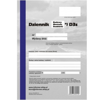 Druk - Dziennik budowy D3 samokopiujący A4 O+1K INFORMER kartonowa oprawa [D3S]