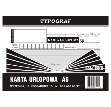 Druk - Karta urlopowa samokopiujący A6 wielokopia TYPOGRAF poziomy jednostronny [01131]