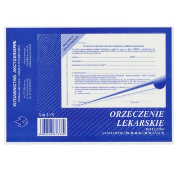 Druk - Orzeczenie lekarskie dla celów sanitarno-epidemiologicznych samokopiujący A5 O+1K WYDAWNICTWA AKCYDENSOWE poziomy jednostronny [Bhp-2c/s (Ksn-10/s)]