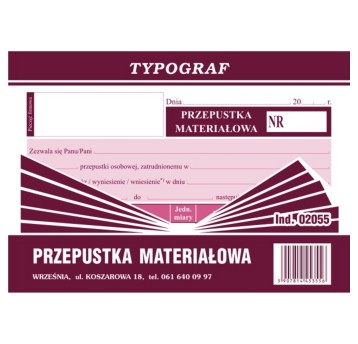 Druk - Przepustka materiałowa offset A6 TYPOGRAF poziomy dwustronny [02055]