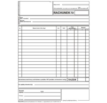 Druk - Rachunek dla zwolnionych podmiotowo z podatku VAT samokopiujący A5 wielokopia WYDAWNICTWA AKCYDENSOWE pionowy jednostronny [Hd-c/s]