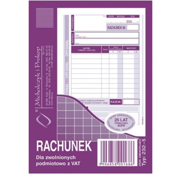 Druk - Rachunek dla zwolnionych podmiotowo z VAT samokopiujący A6 O+1K MICHALCZYK I PROKOP pionowy jednostronny [232-5]