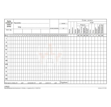 Druk - Roczna karta ewidencji czasu pracy karton offsetowy A5 WYDAWNICTWA AKCYDENSOWE poziomy dwustronny [OS-227]