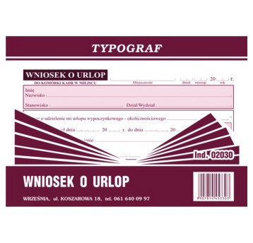 Druk - Wniosek o urlop offset A6 TYPOGRAF poziomy jednostronny [02030]