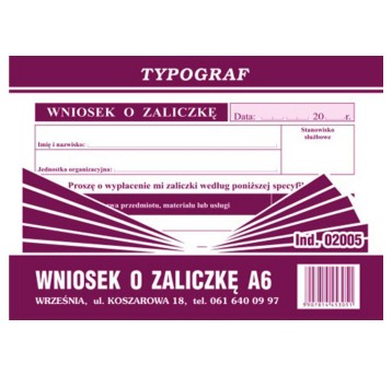 Druk - Wniosek o zaliczkę offset A6 TYPOGRAF poziomy dwustronny [02005]