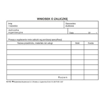 Druk - Wniosek o zaliczkę offset A6 WYDAWNICTWA AKCYDENSOWE poziomy dwustronna [K-113]