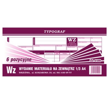 Druk - Wydanie materiału na zewnątrz WZ 6 pozycyjne samokopiujący 1/3A4 wielokopia TYPOGRAF poziomy jednostronny [01099]