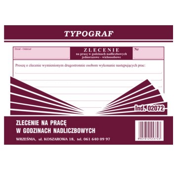 Druk - Zlecenie na pracę w godzinach nadliczbowych jednorazowe-wieloosobowe offset A6 TYPOGRAF poziomy dwustronny [02072]