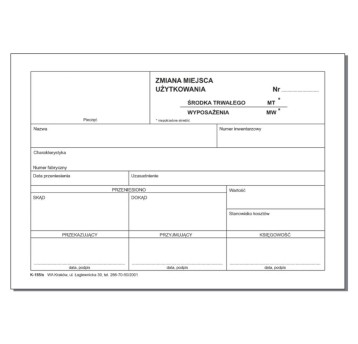 Druk - Zmiana miejsca użytkowania środka trwałego - wyposażenia MT/MW samokopiujący A5 wielokopia WYDAWNICTWA AKCYDENSOWE pionowy jednostronny [K-155/s]