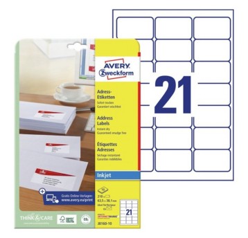 Etykiety adresowe papierowe AVERY ZWECKFORM 63,5 x 38,1mm kol. biały 210 szt. [J8160-10]