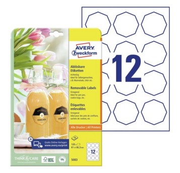 Etykiety do oznaczania usuwalne papierowe AVERY ZWECKFORM 61 x 60,3mm kol. biały 120 szt. ośmiokątne [5083]