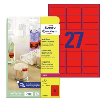 Etykiety do oznaczania usuwalne papierowe AVERY ZWECKFORM 63,5 x 29,6mm kol. czerwony neonowy 675 szt. [L6003-25]