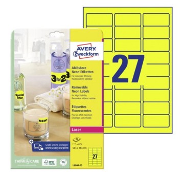 Etykiety do oznaczania usuwalne papierowe AVERY ZWECKFORM 63,5 x 29,6mm kol. żółty neonowy 675 szt. [L6004-25]