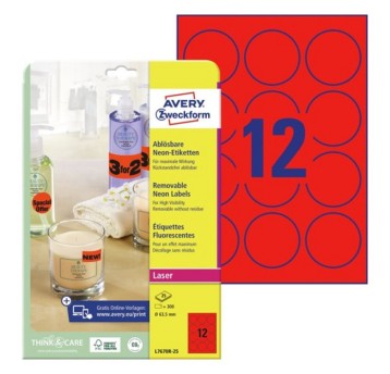 Etykiety do oznaczania usuwalne papierowe AVERY ZWECKFORM Ø63,5mm kol. czerwony neonowy 300 szt. okrągłe [L7670R-25]