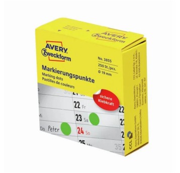 Etykiety kółka do zaznaczania w dyspenserze papierowe AVERY ZWECKFORM Ø19mm kol. zielony 250 szt. [3855]