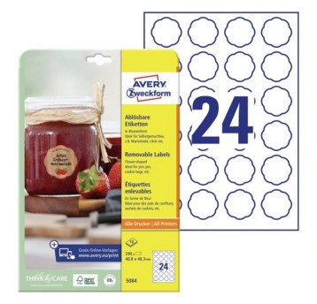 Etykiety na przetwory usuwalne papierowe AVERY ZWECKFORM 40,8 x 40,3mm kol. biały 240 szt. w kształcie kwiatu [5084]