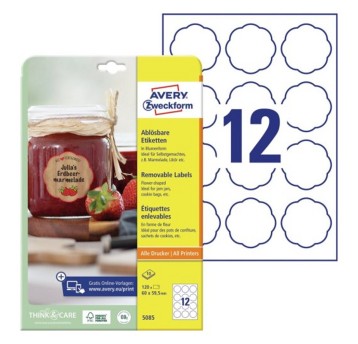 Etykiety na przetwory usuwalne papierowe AVERY ZWECKFORM 60 x 59,5mm kol. biały 120 szt. w kształcie kwiatu [5085]