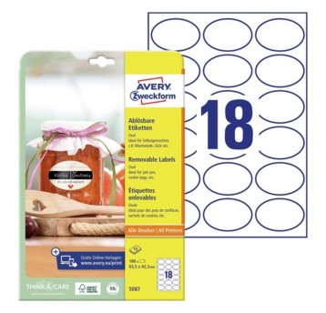 Etykiety na przetwory usuwalne papierowe AVERY ZWECKFORM 63,5 x 42,3mm kol. biały 180 szt. owalne [5087]