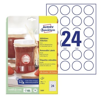 Etykiety na przetwory usuwalne papierowe AVERY ZWECKFORM Ø40mm kol. biały 240 szt. okrągłe [5080]