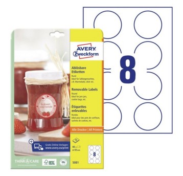 Etykiety na przetwory usuwalne papierowe AVERY ZWECKFORM Ø65mm kol. biały 80 szt. okrągłe [5081]