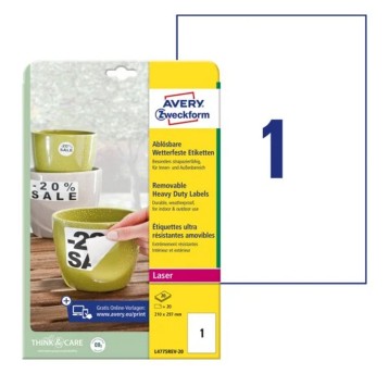 Etykiety ochronne i zabezpieczające HEAVY DUTY wodoodporne poliestrowe AVERY ZWECKFORM 210 x 297mm kol. biały 20 szt. usuwalne [L4775REV-20]