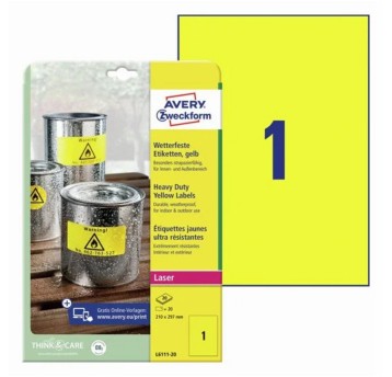 Etykiety ochronne i zabezpieczające HEAVY DUTY wodoodporne poliestrowe AVERY ZWECKFORM 210 x 297mm kol. żółty 20 szt. [L6111-20]