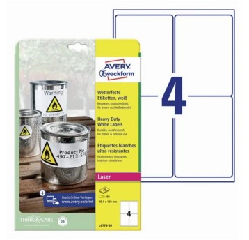 Etykiety ochronne i zabezpieczające HEAVY DUTY wodoodporne poliestrowe AVERY ZWECKFORM 99,1 x 139mm kol. biały 80 szt. [L4774-20]